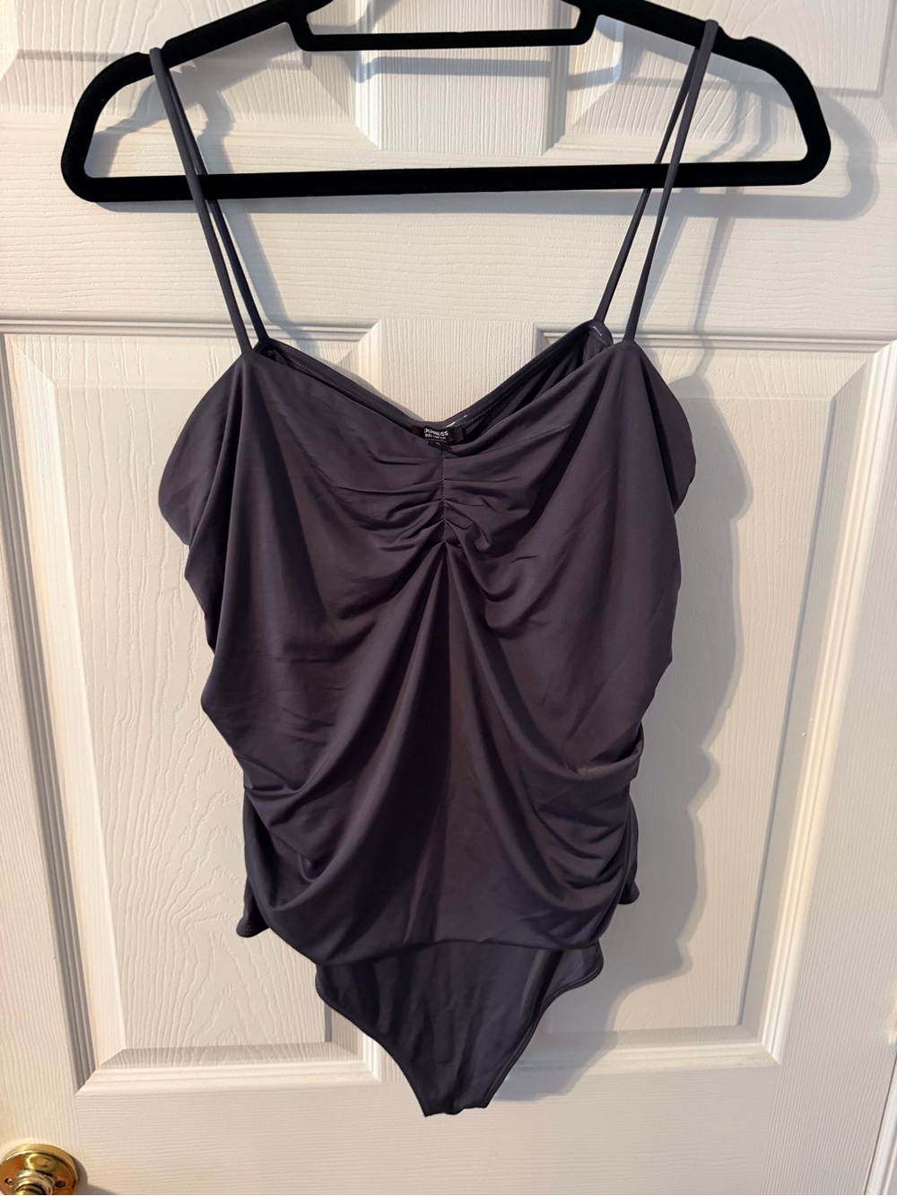 Express Ruched Charcoal Gray Spaghetti-Strap Bodysuit